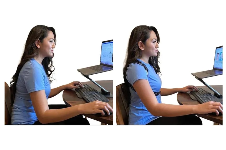 Side-by-side photos of a woman seated at a wooden desk using a laptop on a stand and a keyboard, showing a slouched posture on the left and an upright posture on the right, Burlington
