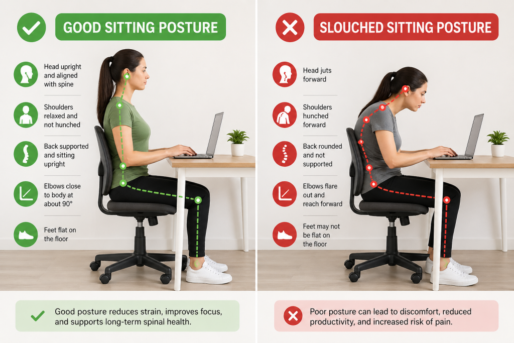 A side-by-side comparison diagram illustrates correct and incorrect sitting postures while working at a desk, highlighting five key alignment points for each position.