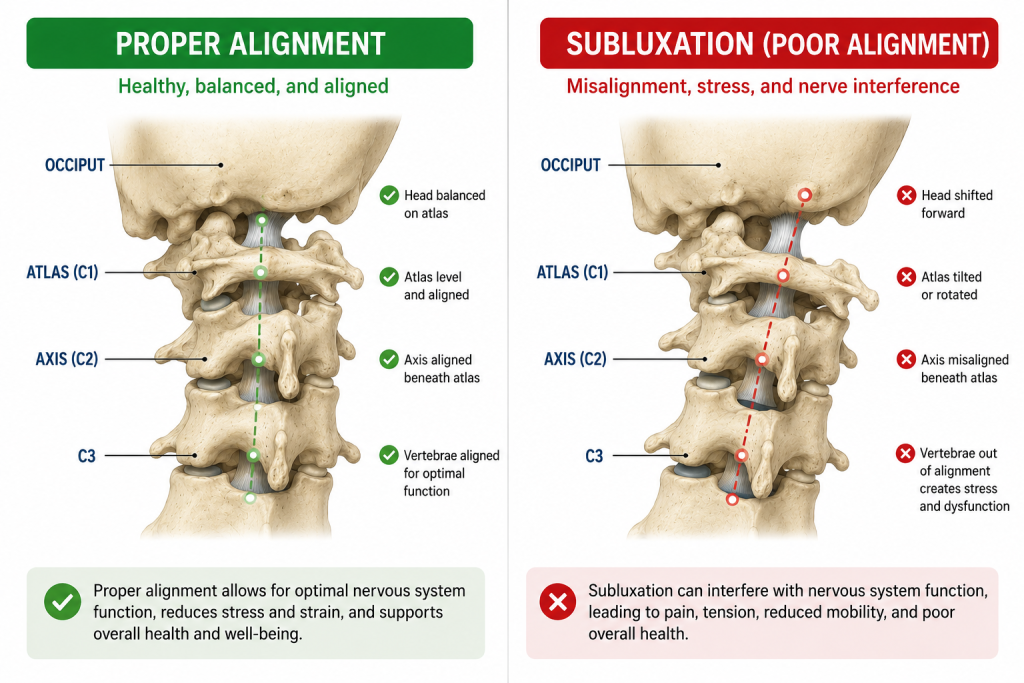 Anatomical comparison showing proper spinal alignment of the occipital bone, atlas, axis, and C3 vertebra on the left versus subluxation with misalignment on the right, illustrating how correct positi