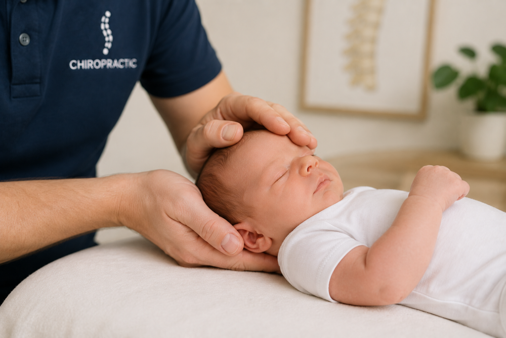 A chiropractor in a navy polo shirt performs a gentle adjustment on an infant patient lying on a treatment table.