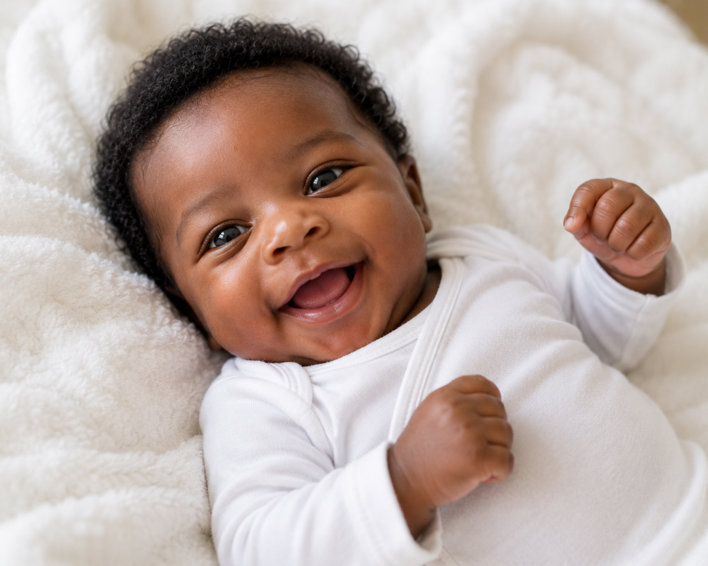 A smiling infant in a white long-sleeved shirt lies on a white blanket.