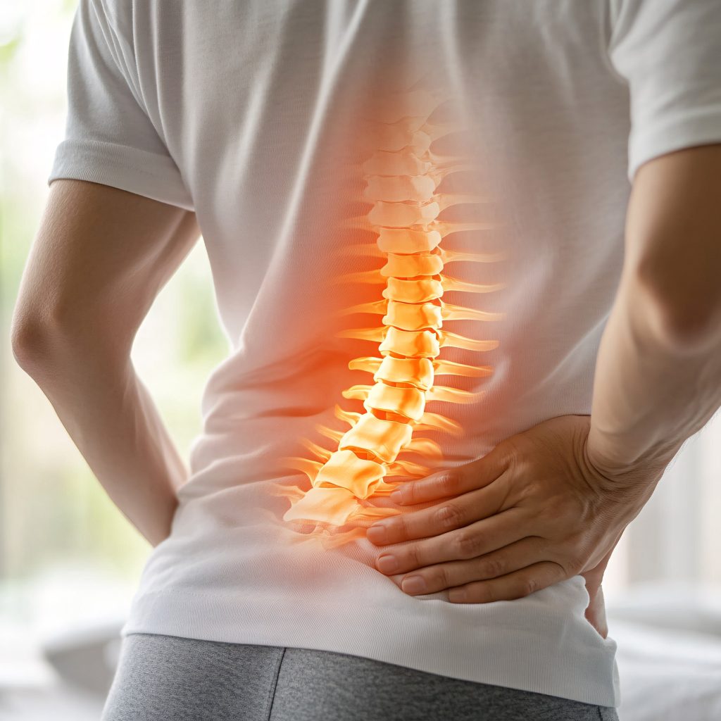 A person in a white shirt holds their lower back while a glowing orange overlay illustrates the spine and vertebrae experiencing pain or inflammation.