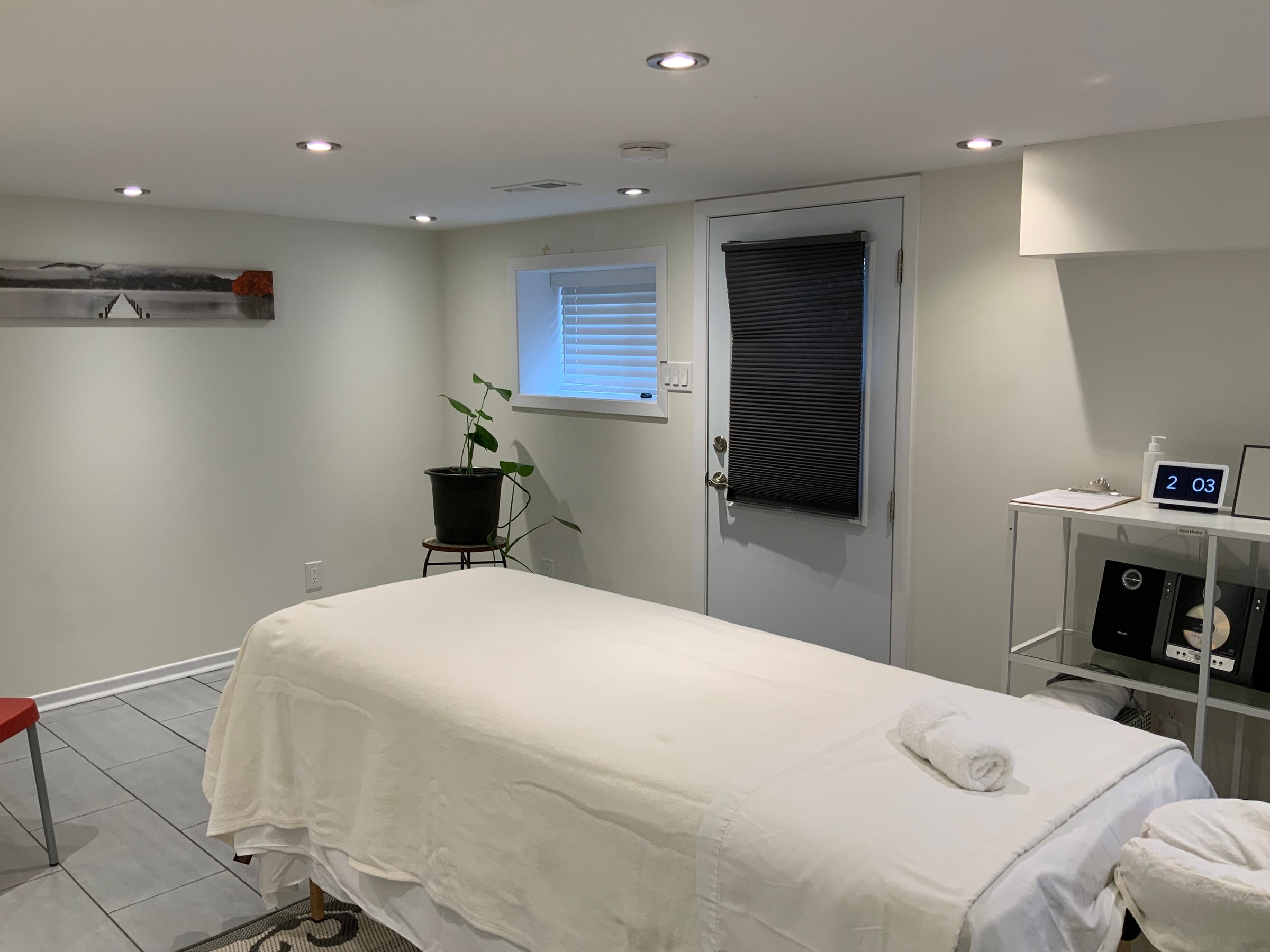 Quiet massage treatment room with plant and artwork at Cypri Massage Therapy, Toronto