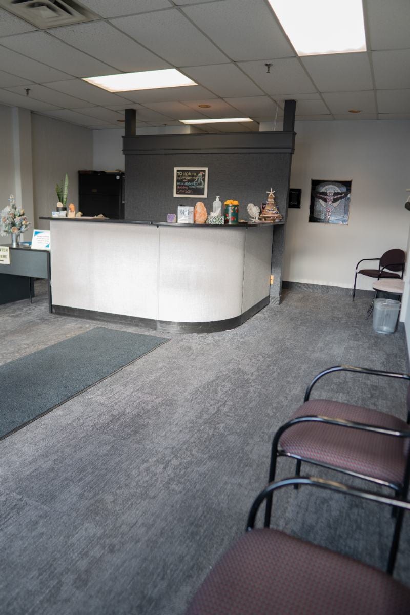 Reception and waiting area at Life Chiropractic Centre, Burlington